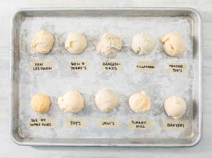 Ten different scoops of vanilla ice cream on silver tray with pieces of tape noting their brand names.